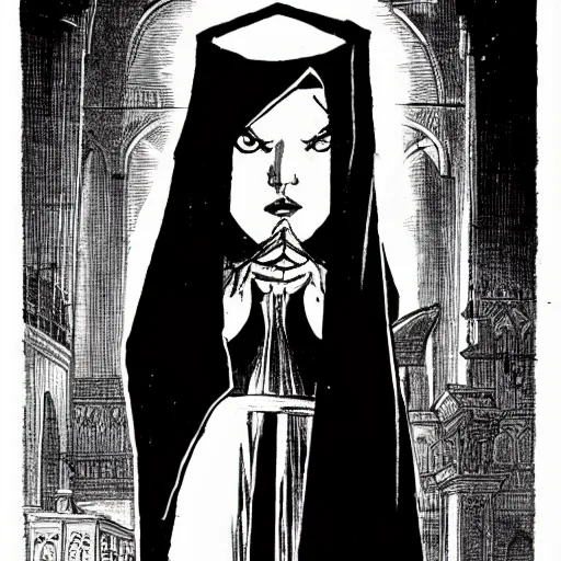 Prompt: A nun bathed in holy light, in a dusty cathedral. Dark Fantasy, Film Noir, Black and White. High Contrast, Mike Mignola, D&D, OSR