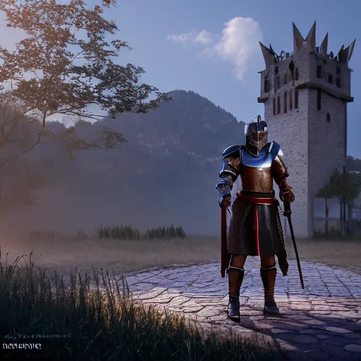 Image similar to a black knight standing in front of a village, full 8 k highly detailed unreal engine 5 render