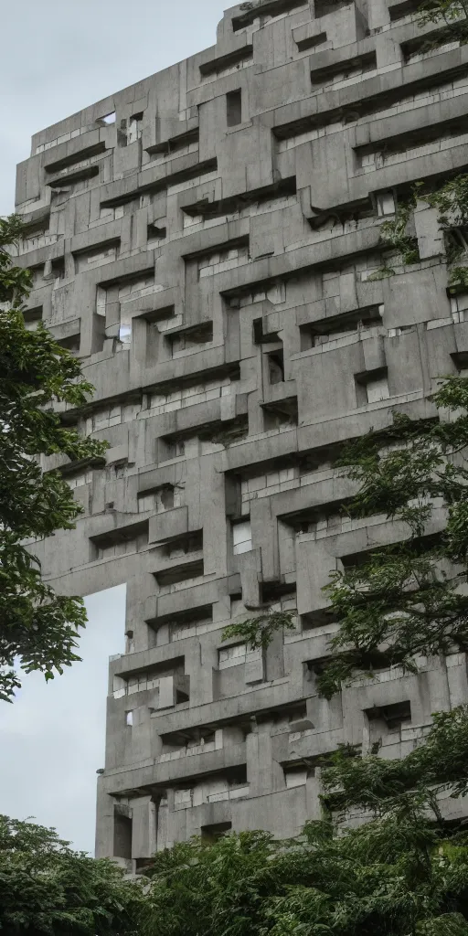 Image similar to Beautiful Brutalist Building, greenery,elegant, intricate, Long Shot, Wide shot, Full Shot, 4K