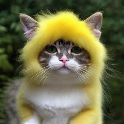 Prompt: a cat that looks like pikachu, yellow fur, yellow fur, cute, cute, cute