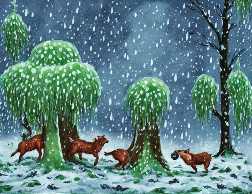 Image similar to lush green chia pet animal frolicking in snowy woods, stormy skies. russian fairytale art, gouache, dynamic composition, backlighting