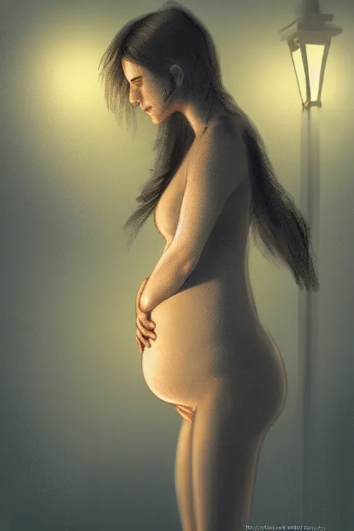 Image similar to pregnant woman under street light, highly detailed, sharp focused, ultra realistic digital concept art by Theodore Ralli