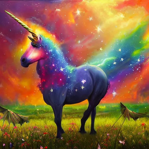 Image similar to an unicorn with wings eating in a field of marijuana, a nebula is in the sky, oil painting, fantasy art, concept art, highly detailed, photorealistic, high quality, 8 k, masterpiece