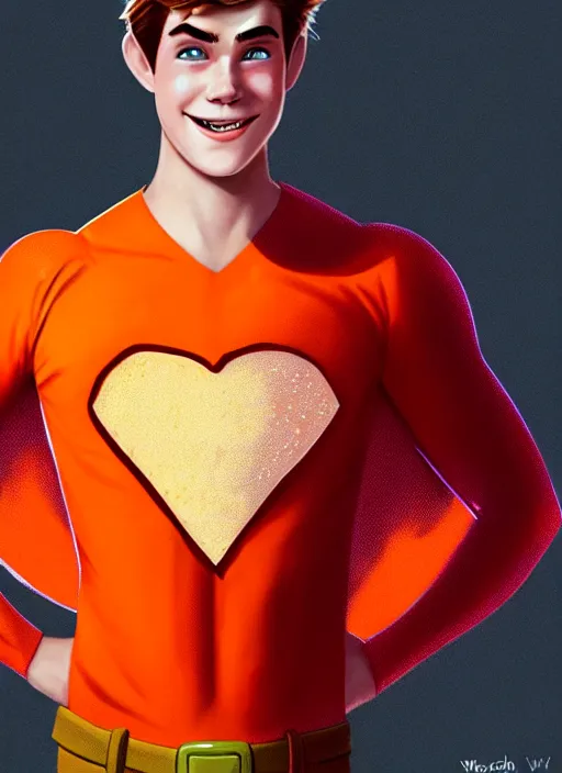 Image similar to friendly teenage archie andrews wearing an orange superhero costume with heart logo, freckles, superhero costume, heart emblem on chest, cape, intricate, elegant, glowing lights, highly detailed, digital painting, artstation, sharp focus, illustration, art by wlop, mars ravelo and greg rutkowski