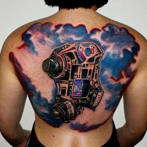 Image similar to backside on the shoulders is a tattoo of a hole in the skin with multicolored robotic mechanics and cables and a computer fan inside under the skin, insanely integrate, 3 d