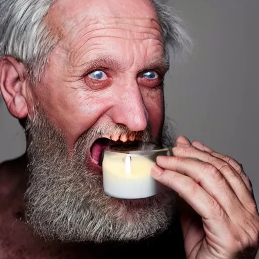 Prompt: crazy old deprived bearded man desperately devouring heaven key candles