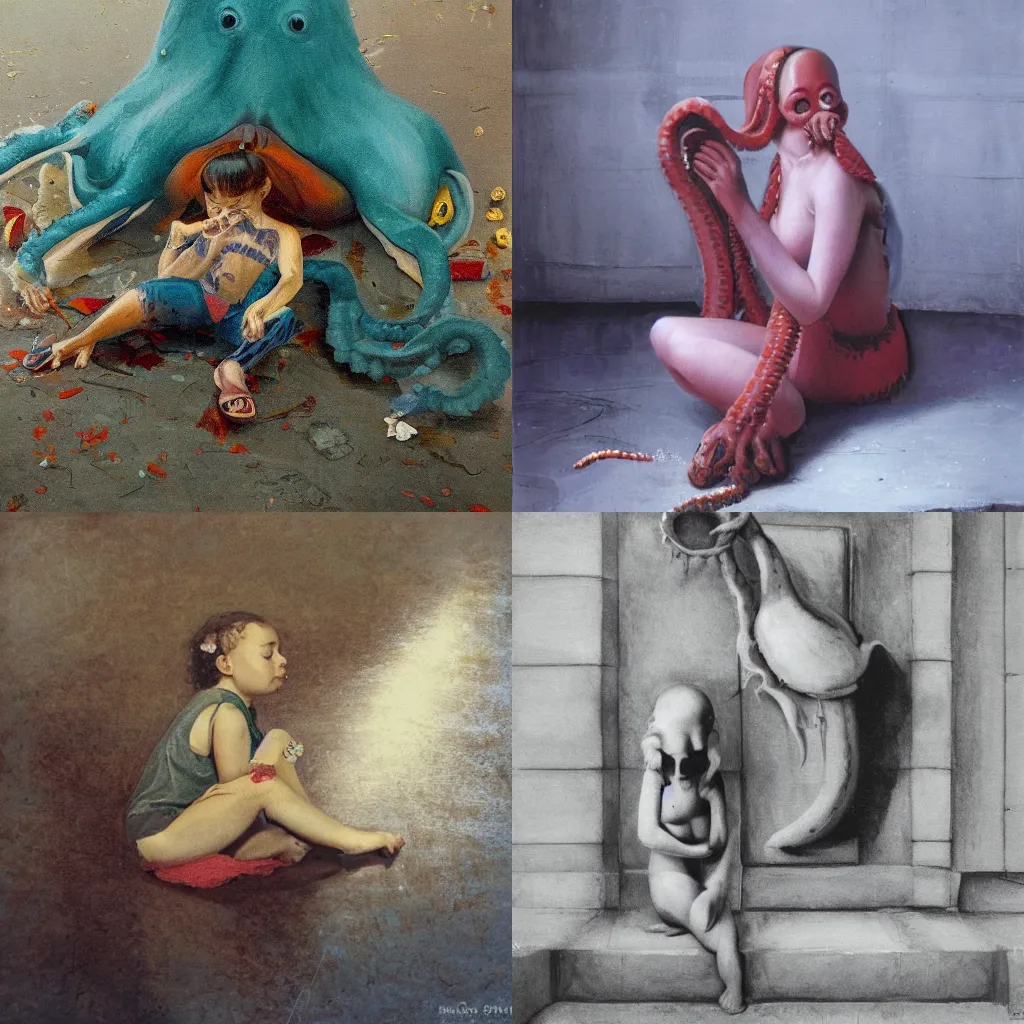 Prompt: a sad cute humanoid octopus girl sitting on the floor, photography by Michael Sowa