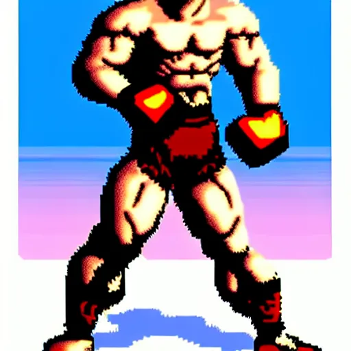 Prompt: extreme long shot. 8 bit nes graphics. antropomorphic muscular masculine wolf. kickboxer fighter in shorts. wolf head. art from nes game cartridge, unreal engine - h 7 6 8