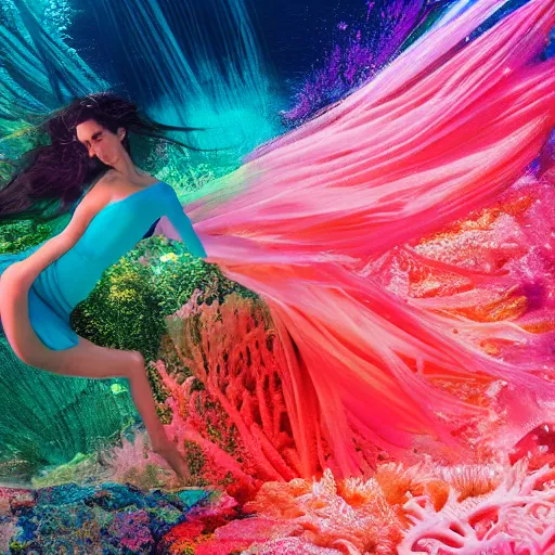 Image similar to jennifer connelly dancing underwater wearing a very long dress made of a chaos of neon colors and lights flowing sideways in a strong current of water, coral sea bottom, octane render, caustics lighting from above, cinematic, hyperdetailed