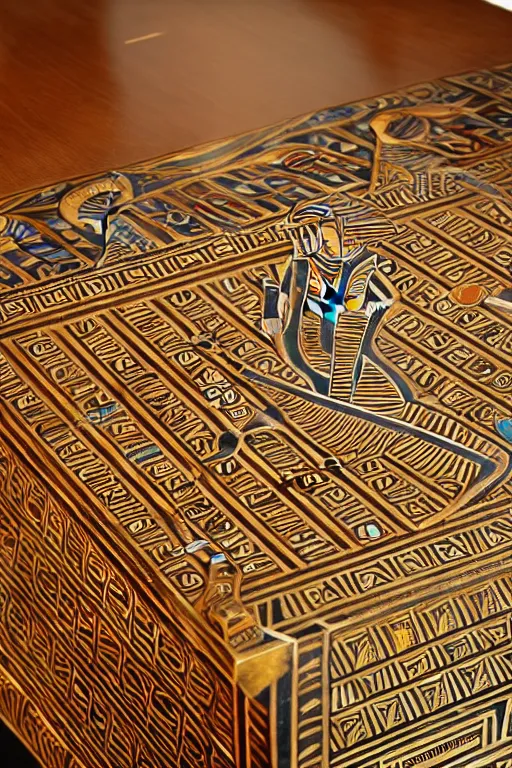 Image similar to Egyptian tomb dining table, intricate art deco leaf designs, elegant, highly detailed egyptian patterns, hieroglyph, sharp focus, art by Artgerm and beeple