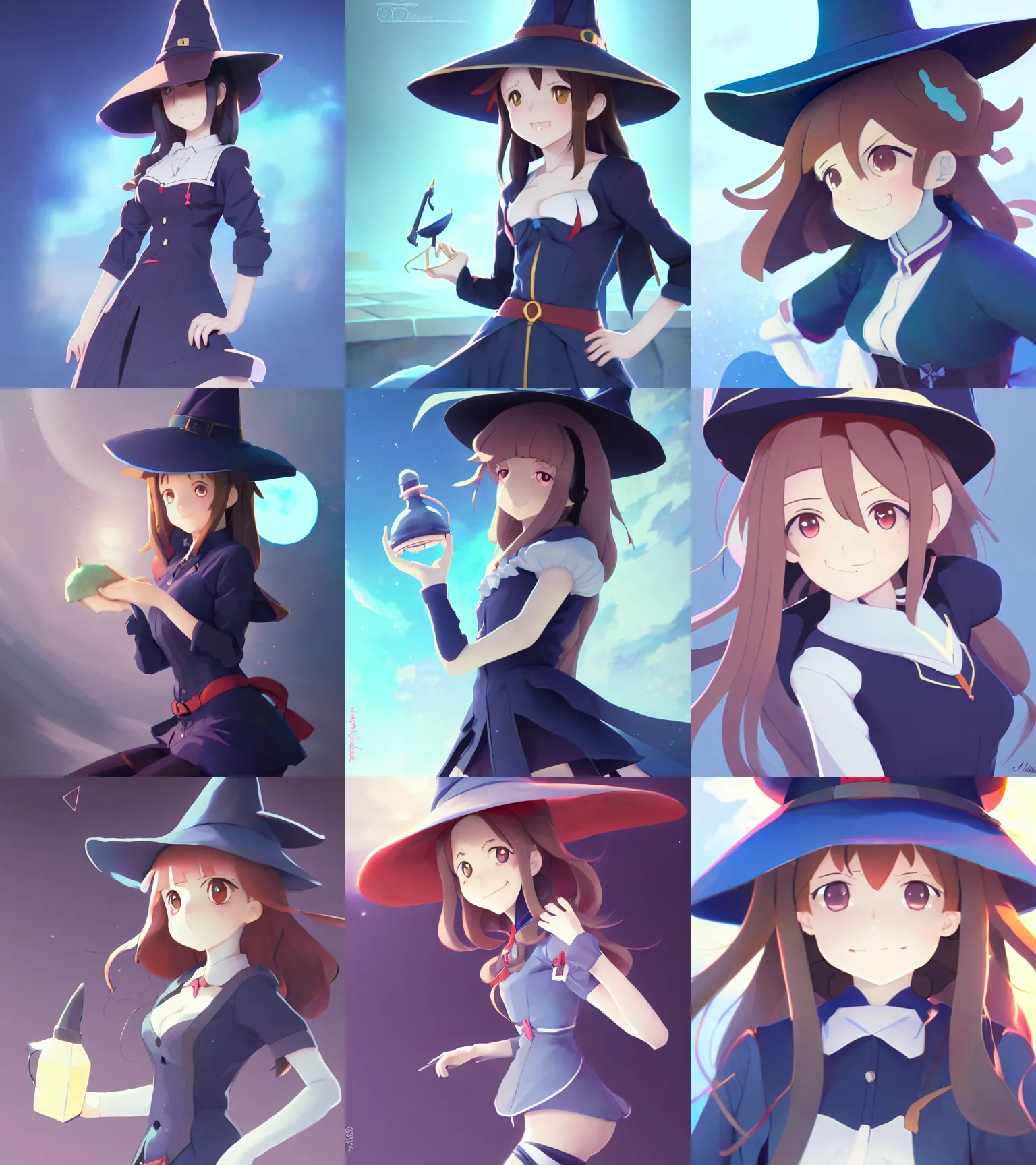 Prompt: attractive Akko as Atsuko Kagari, hourglass slim figure, full body shot close up, cute seductive smile, details, blue witch outfit and hat, sharp focus, Little Witch Academia illustration, by Jordan Grimmer and greg rutkowski, Kyoto Animation and Trigger anime style, Trending artstation, pixiv, digital Art