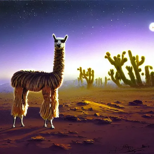 Prompt: llama with dreadlocks, hyper-realistic, desert, night sky, hyper-realistic, 4k, by John Berkey