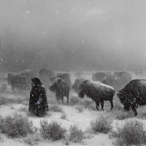 Prompt: photograph of a a cheyenne tribe hunting bison in a south dakato snow storm