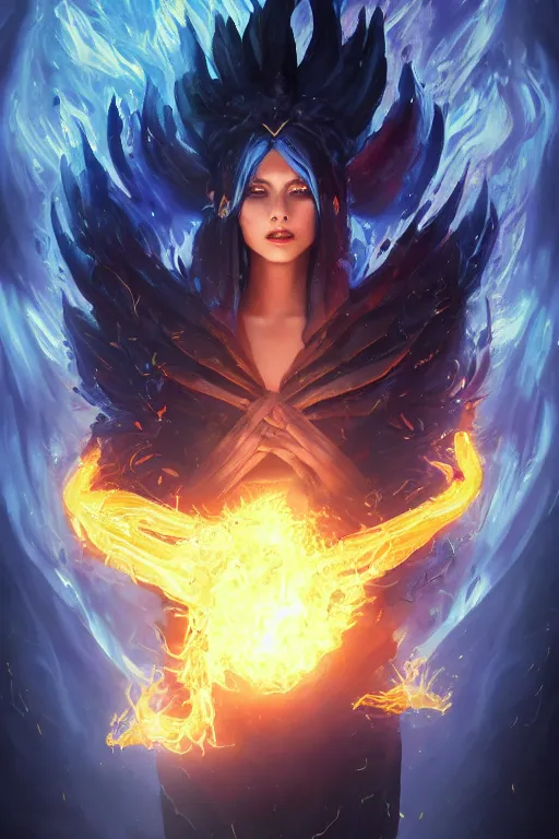 Prompt: a fancy portrait of a beautiful dark magician women covered in deep blue flames flames by Greg Rutkowski, Sung Choi, Mitchell Mohrhauser, Maciej Kuciara, Johnson Ting, Maxim Verehin, Peter Konig, final fantasy , mythical, 8k photorealistic, cinematic lighting, HD, high details, atmospheric,