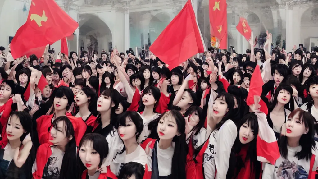 Prompt: A communist Kpop group performs for adoring fans, fresco, by Michelangelo