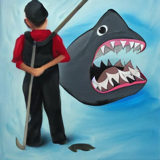 Image similar to Shark in a janitor outfit painting