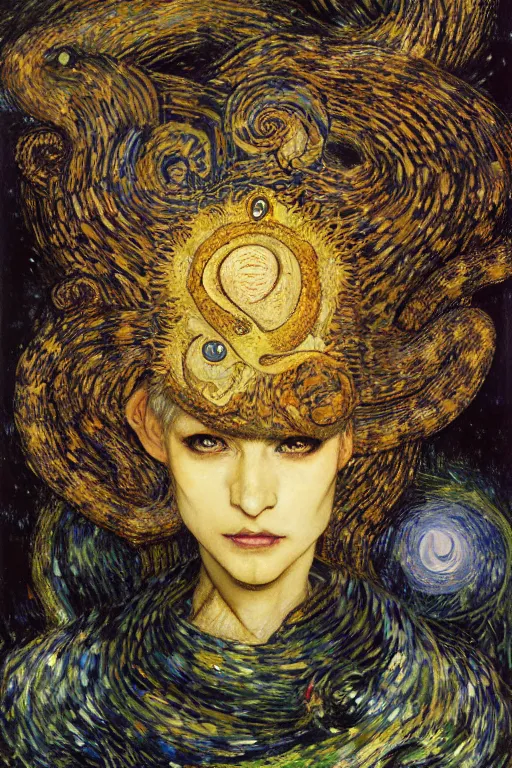 Prompt: Kirisame marisa, touhou project by Karol Bak, Jean Deville, Gustav Klimt, and Vincent Van Gogh, portrait of a sacred serpent, Surreality, otherworldly, fractal structures, arcane, ornate gilded medieval icon, third eye, spirals