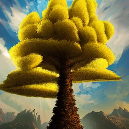 Image similar to a screenshot of a towering urdtree. it is glowing yellow, beautiful scenery, professional artwork, artstation