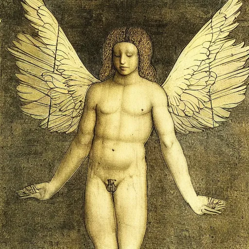 Prompt: Able as an angel in heaven spreading his wings with his arms out by LeonardoDaVinci