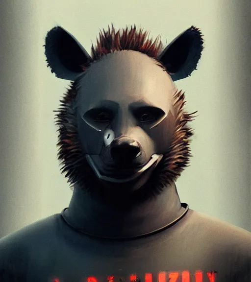 Prompt: new york city portrait of burly surly furry anthro anthropomorphic spotted hyena head animal person fursona wearing clothes strange cybernetic muzzle gloomy rainy screenshot from the video game cyberpunk 2077 digital art by Greg Rutkowski, Simon Stalenhag, christopher nolan trending on Artstation, CGSociety