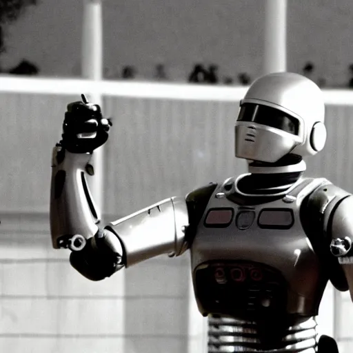 Image similar to award winning photograph of peter weller as robocop, yelling at little league game