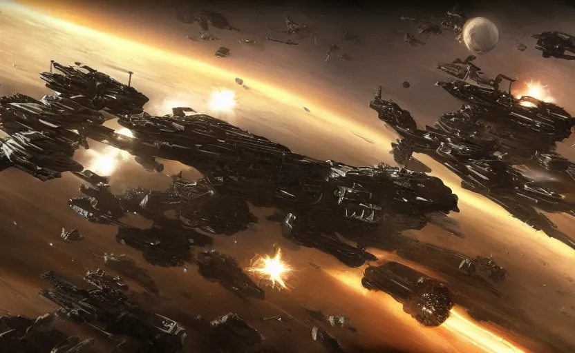 Prompt: space battle in the style of Eve Online, steampunk, ultra high detail, hyperrealism