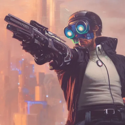 Image similar to close up illustration of a cyberpunk gunslinger pointing his gun shooting bullets, gungrave, anime, tri - gun, very detailed, 8 k, by greg rutkowski,