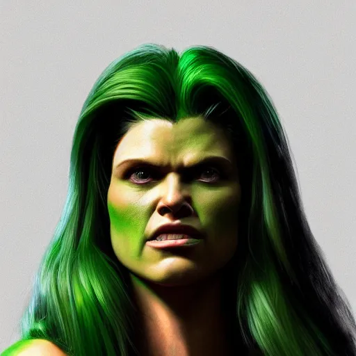 Image similar to hyperrealist portrait of she - hulk, photo realistic, dynamic lighting, artstation, poster, volumetric lighting, very detailed faces, 4 k, award winning