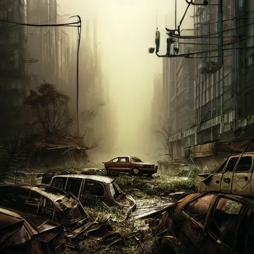 Prompt: postapocalyptic city of munic!!!, wild forest!!! vegetation!!!, rubble!!, rusty bmw cars!!, hyperrealistic, highly detailed, cinematic, foggy light from fires, beautiful, cgssociety, artstation, 8 k, oil painting by greg rutkowski, by artgerm, by wlop