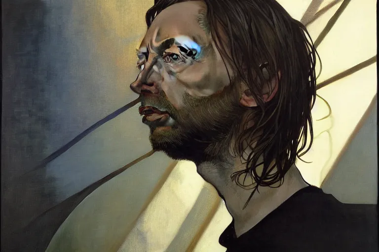 Image similar to hyper realistic portrait of thom yorke singer songwriter, side, liminal space, by lee bermejo, alphonse mucha and greg rutkowski