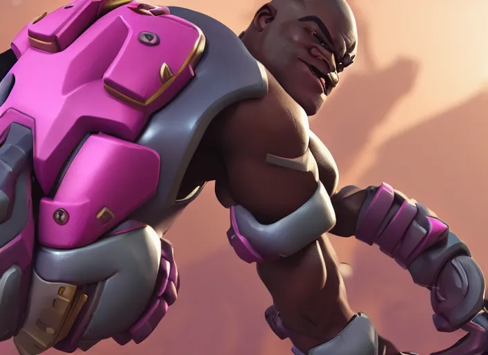 Image similar to doomfist, pink suit, overwatch game, digital art, high detailed, artstation, octane render