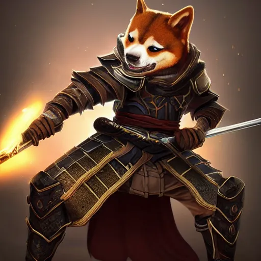 Image similar to shiba inu samurai warrior as a league of legends character, michael maurino, alex flores, paul kwon, cinematic, highly detailed, concept art, 3 d cgi, dramatic lighting, focus, smooth, heroic