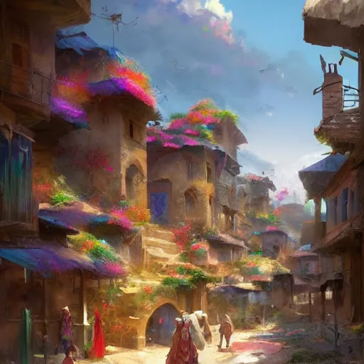 Image similar to colorful Kurdish village, anime, a fantasy digital painting by Greg Rutkowski and James Gurney, trending on Artstation, highly detailed