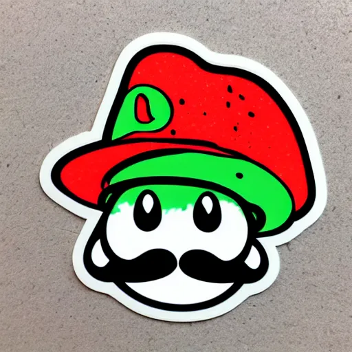 Image similar to die cut sticker, yoshi wearing mario's mustache, splatter paint