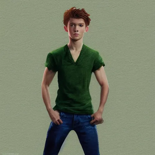 Image similar to Tom Holland as peter pan,brown eyes,green shirt,detailed, 8k hd,by rossdraws and greg rutkowski,in the style of a Instagram profile picture