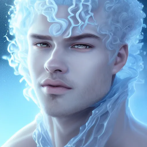 Prompt: award winning commission portrait of a man made of ice with curly hair,ice cracks.Digital art,hyperdetailed,detailed fa e,ross tran,character design by charles bowater,deviantart,artstation,photorealistic,4k