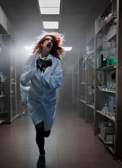 Prompt: a stock photo of a halloween female scientist running from a monster in a lab, wide shot, 2 4 mm lens, cinematic lighting, volumetric fog, iso 8 0 0, shallow depth of field, horror movie, award winning