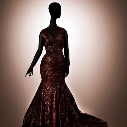 Image similar to a beautiful evening gown made of dark chocolate, on a mannequin.. studio lighting, high quality, high resolution