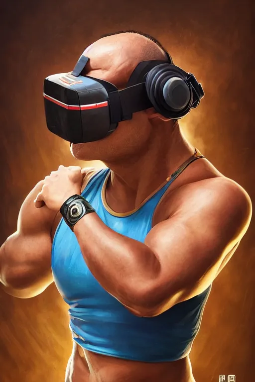 Image similar to painting of a wrestler character wearing vr goggles, shrugging arms, ultra realistic, sharp details, subsurface scattering, intricate details, warm lighting, beautiful features, highly detailed, photorealistic, octane render, 8 k, unreal engine, art by artgerm and greg rutkowski and alphonse mucha