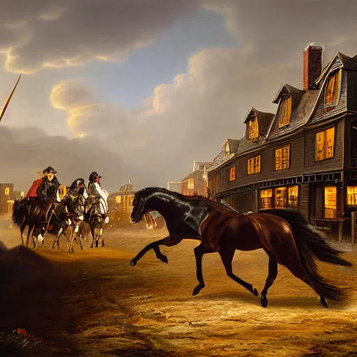 Prompt: a black horse galloping through a New England town in 1643 at night, fantasy art, detailed, hyper realistic, cinematic
