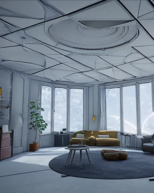 Image similar to artstation scifi scene of a safe room as ikea ad, lounge furniture, large terrarium, sky mural on the room ceiling, paneled walls, unreal engine 5, hyper realism, realistic shading, cinematic composition, blender render, octane render, hdr, detailed textures, photorealistic, wide shot
