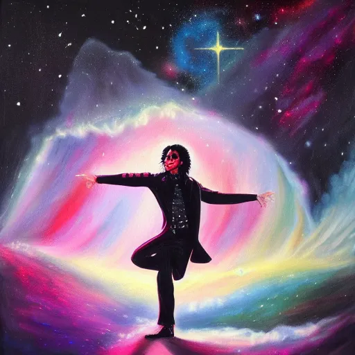 Prompt: painting of Michael Jackson dancing in a cosmic scenic environment, trending on Artstation, hyperdetailed, beautiful, stars, planets, nebula, medium shot, mid-shot