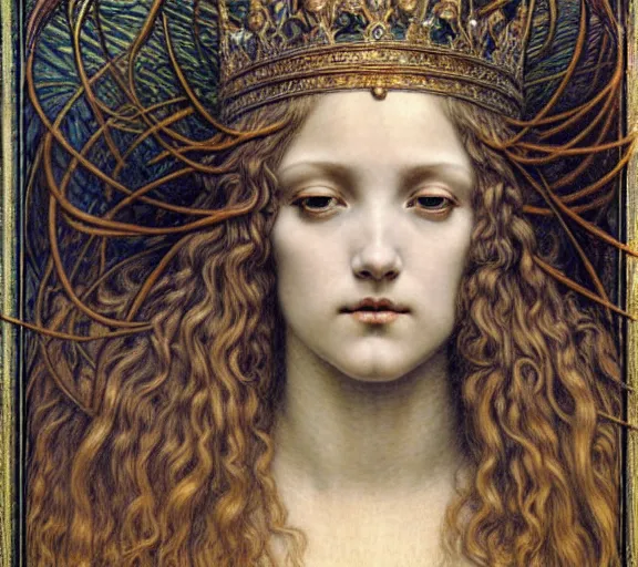 Image similar to detailed realistic beautiful young medieval queen face portrait by jean delville, gustave dore and marco mazzoni, art nouveau, symbolist, visionary, gothic, pre - raphaelite. horizontal symmetry