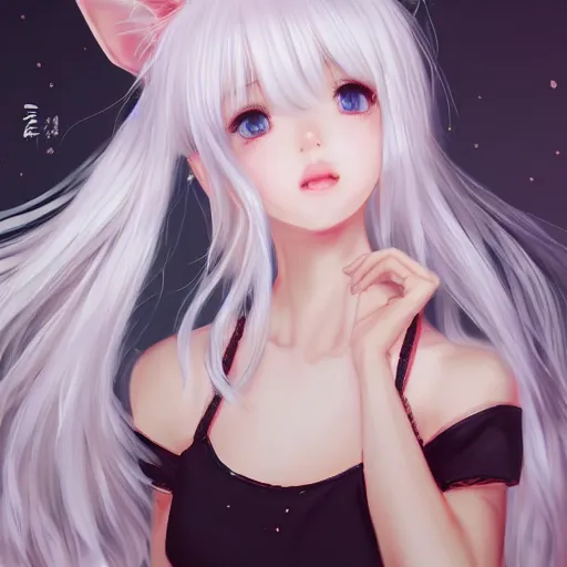 Image similar to realistic beautiful gorgeous natural cute Blackpink Lalisa Manoban white hair cute white cat ears in maid dress outfit golden eyes artwork drawn full HD 4K highest quality in artstyle by professional artists WLOP, Taejune Kim, Guweiz, ArtGerm on Artstation Pixiv