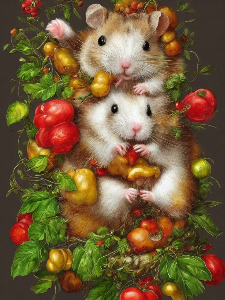 Image similar to Highly detailed cute hamster in the style of Guiseppe Arcimboldo, sharp, masterpiece, artstation