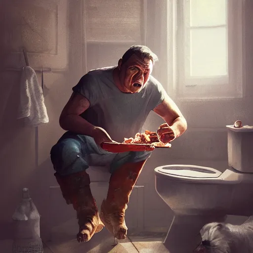 Prompt: viktor orban sitting on the toilet and eating bacon by greg rutkowski, highly detailed, octane render, 4 k, 8 k, hdr, cgsociety, amazing lightning, masterpiece