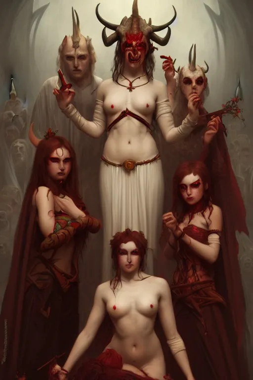 Image similar to a horrific demonic portrait of Satan and his concubines, white eyes, bored, illustration, soft lighting, soft details, painting oil on canvas by Edmund Blair Leighton and Charlie Bowater octane render, HDR, trending on artstation, 4k, 8k, HD