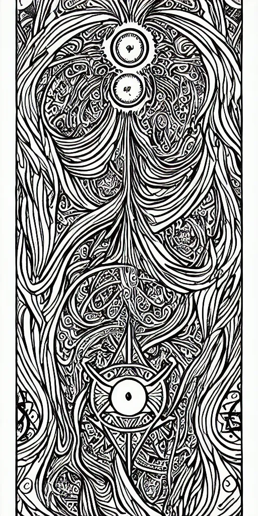 Prompt: a beautiful black and white fractal tarot card featuring bold occult imagery with clean lines. 👹. detailed adult coloring book
