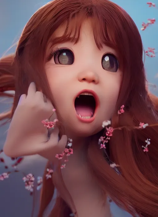 Image similar to a cute asian girl singing, flowing brown hair in the style of pixar animation, mid-shot, award winning, hyper detailed, studio lighting, artstation, octane renderer, unreal engine