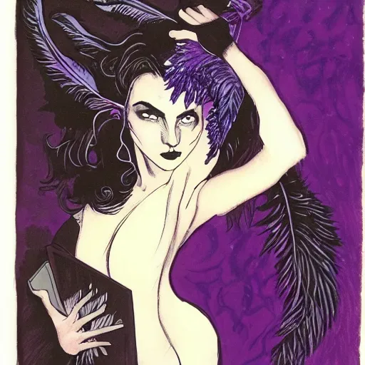 Prompt: young jennifer connelly as odile, gothic dark fae disney villain with black feathers instead of hair, wearing black and purple jumpsuit, zero g, reading a book, feathers growing out of skin, pulp sci fi, mike mignola, david mack, romantic, comic book cover, vivid, beautiful, illustration, highly detailed, oil painting